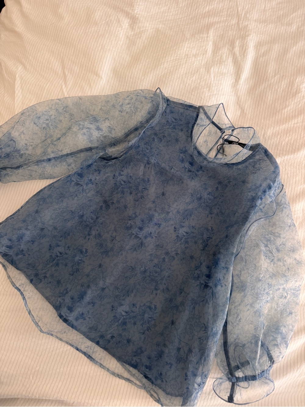 Zara Blue Floral Sheer Puff-Sleeve Top